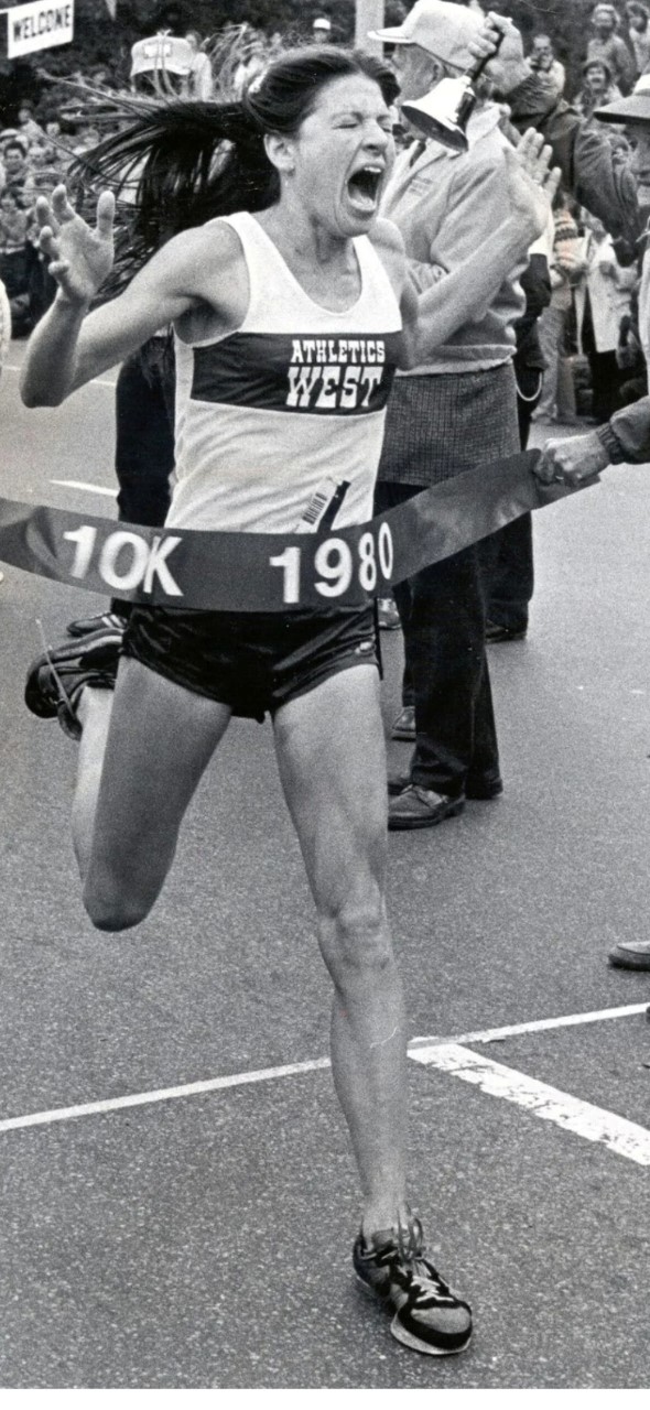 Patti Dillon crossing 10k finish line in 1980
